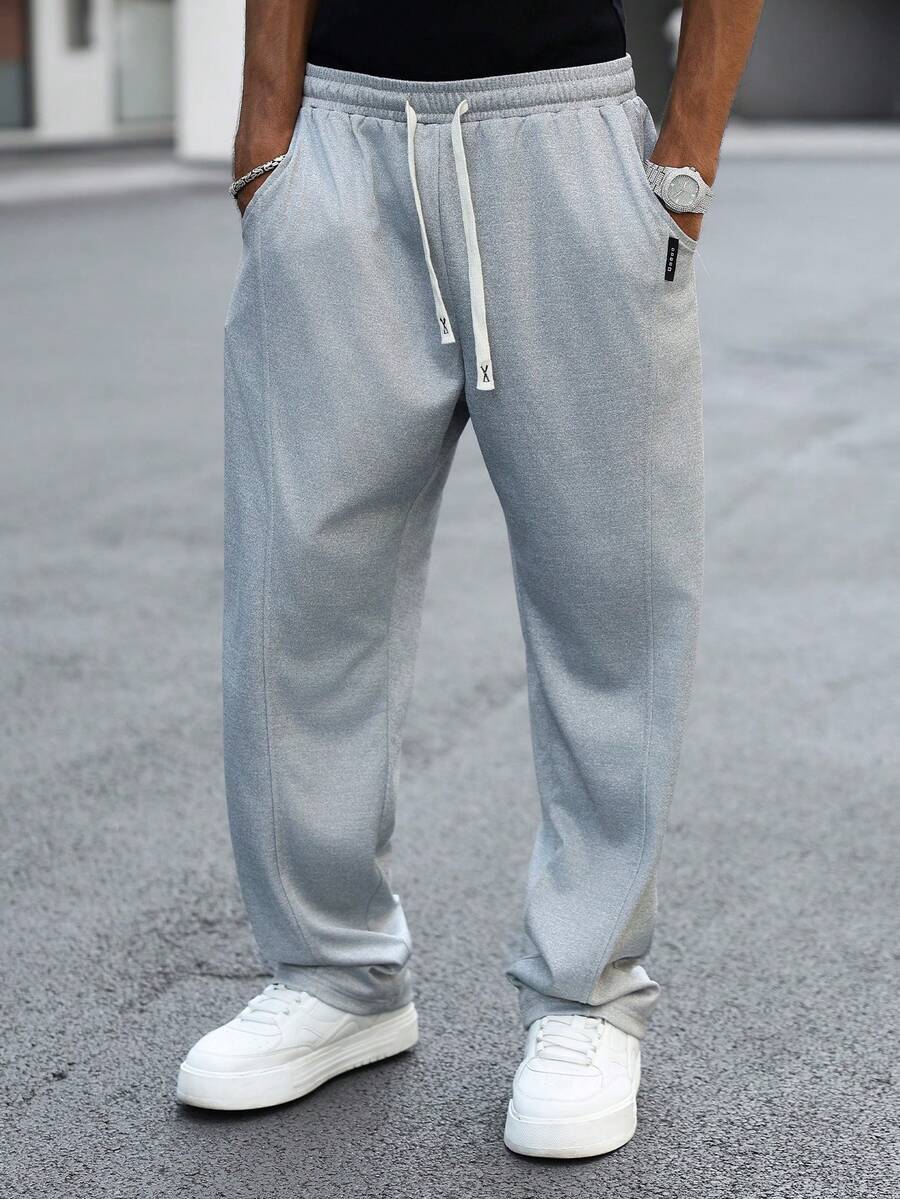 Manfinity EMRG Men's Casual Solid Color Drawstring Waist Sweatpants Loose Straight Leg Grey Summer Baggy Gym Oversized Pants Streetwear - Light Grey - View 1