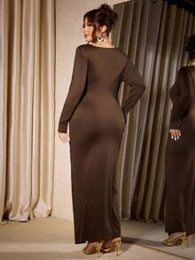 Elenzga Women's Elegant High-End Design Square Neck Long Sleeve Metal Buckle Waist Pleated Belted Fitted Asymmetric Hem Party Dress, Mid-Length, Autumn Ladies Fabric Dress - Brown - View 2