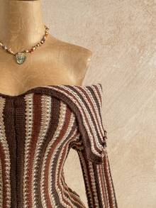 Soleia 女式度假休闲条纹露肩针织上衣 - 咖啡棕 - 查看 4