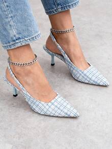 zapatos elegantes mujer tacones mujer Sandalias elegantes de tacón alto para mujer con punta puntiaguda de color sólido, tacones altos a cuadros azules, sandalias de tacón alto con una sola tira envolvente, tacones altos para mujer con diseño de punta puntiaguda, muy adecuadas para amigas, adecuadas para cenas y salidas de vacaciones. - Azul - Ver 6