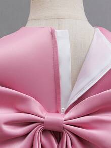 SHEIN Glamorique Kids 女婴缎面连衣裙，带蝴蝶结、花朵蕾丝边和拖尾，白色花童礼服，适合婚礼、洗礼、1 岁生日 - 藕粉色 - 查看 5