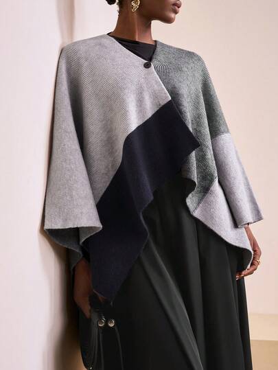 Zivah Nuevos estilos de invierno, Navidad, Año Nuevo, temporada de bodas, Día de San Valentín, fiestas de cumpleaños, temporada de graduación, salidas diarias, básico, versátil, vacaciones casuales, viajes en crucero, elegancia casual, viajes al trabajo, estilo europeo de la calle, estilo simple, abrigo de mujer de estilo capa de suéter de parchwork gris francés y gris oscuro con contraste de color, capa de parchwork con capas, bufanda de punto