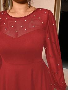 Cravure Plus Size Women's Elegant Fitted Beaded Contrast Color Dress, Mesh Patchwork Cinched Waist Club Party Evening Gown - Red - View 3