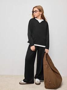Ensemble 2 en 1 pour préadolescentes avec sweat-shirt à manches longues bicolore et pantalon de couleur unie