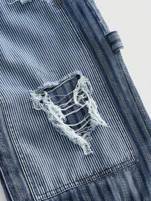 ROMWE MEN Prep Men's Casual Fashion Street Patchwork Striped Print Distressed Loose Wide-Leg Jeans - Blue - View 3