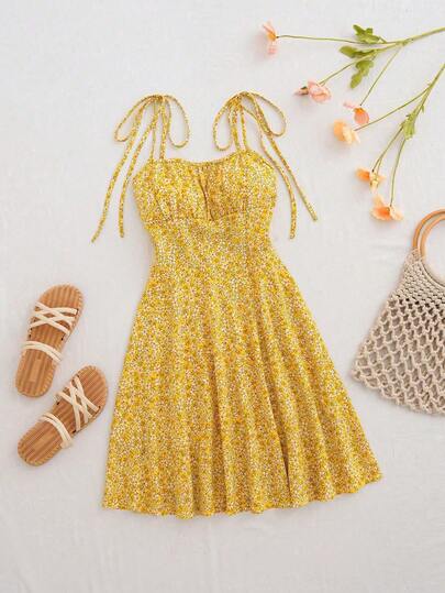 SHEIN VCAY Vestido informal de verano estilo bohemio de talla grande con estampado floral diminuto sin mangas, vestido de playa, vestido de fiesta, vestido con corpiño