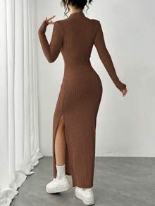 Siren Gaze 女士长款侧开衩高领长袖连衣裙，女士连衣裙罗纹连衣裙长款连衣裙冬季长款毛衣连衣裙长款紧身连衣裙开衩连衣裙 - 棕色 - 查看 2