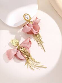 Enchnt 1 Pair Floral Pearl & Rhinestone Tassel Earrings For Girls, Suitable For Everyday Wear - Pink - View 3