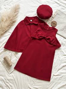 Vintaside Kids Girls' Autumn/Winter Lapel Fashionable Versatile Shawl Paired With Round Neck Sleeveless Stylish Dress Set, Suitable For Attending Friend Gatherings, Parties, Birthday Parties, School Performances