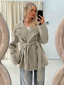 Aloruh Women's Thick Khaki Turndown Collar Pocket Loose Overcoat, Suitable For Autumn/Winter,Cozy Fall And Winter Clothes For Women - Light Grey - View 4