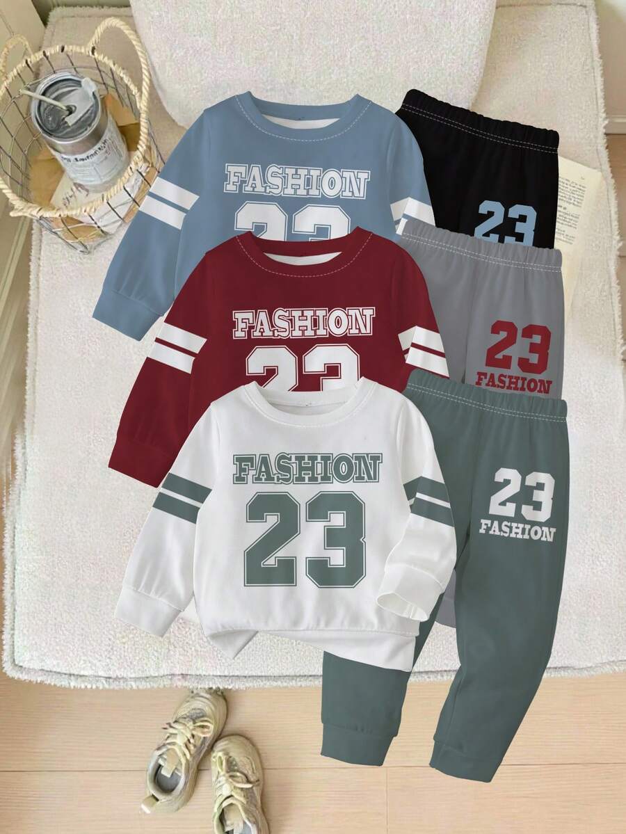 SHEIN Explorewe 3件套年轻男童休闲简约运动风“FASHION 23”字母图案长袖圆领卫衣和运动裤套装,适合秋冬季外出、运动、上学穿着 - 彩色 - 查看 1