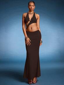Normani 女士性感深V露背金属花朵长裙，春夏度假装 - 棕色 - 查看 3