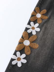 女童時尚雪花水洗破洞花卉刺繡寬腿牛仔褲 70年代風 向日葵母女套裝 Mom Mommy And Me - 黑色 - 查看 6