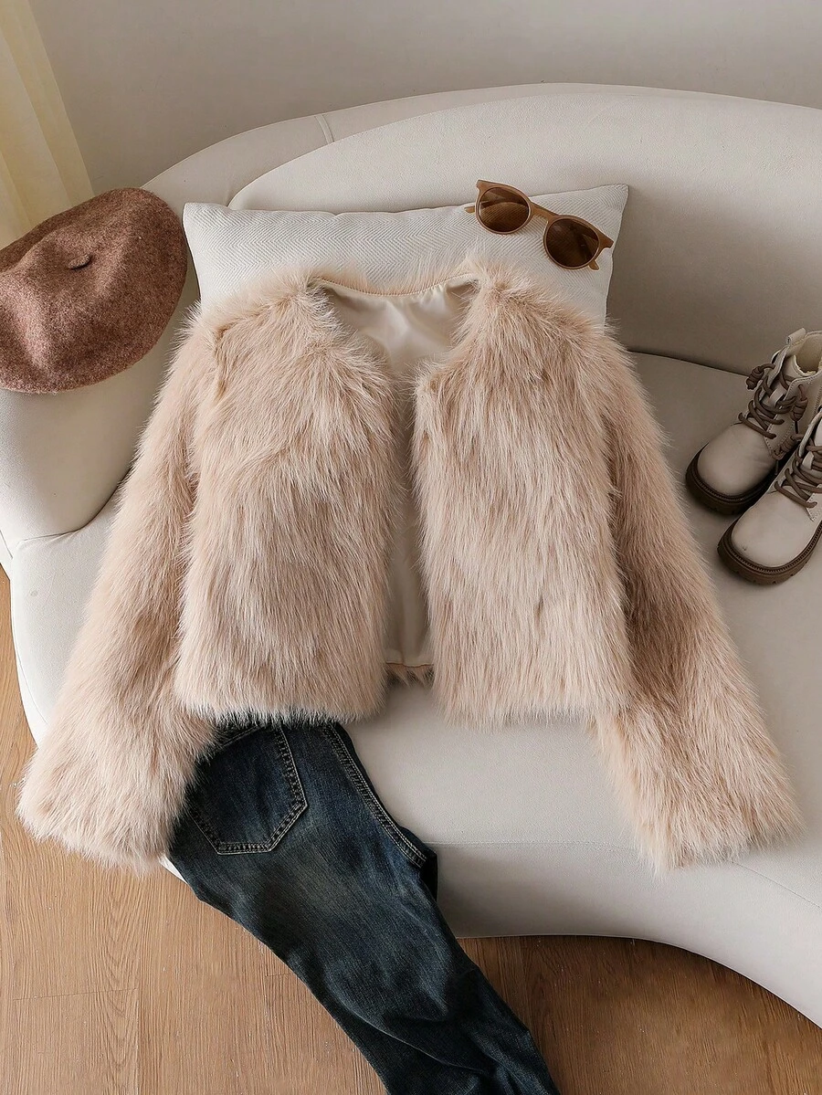 SHEIN Sparklyn 1 件 Tween 女童时尚短款蓬松优雅杏色舒适双层衬里长袖人造毛皮夹克，适合秋冬季、室内、户外、休闲、日常、旅行、派对、多功能外套 - 杏色 - 查看 1