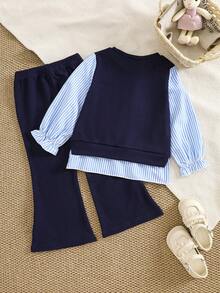 Elladie kids 2 件套女童简约时尚通勤拼接 3D 花卉装饰长袖上衣和喇叭裤套装，适合春秋季 - 藍色 - 查看 2