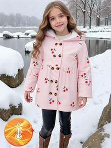Girls Cute Cherry Print Double-Breasted Hooded, Fashionable Casual Fleece Jacket For Autumn/Winter, Outdoor Young Girls Elegant Peter Pan Coat Clothes - Pink - View 3