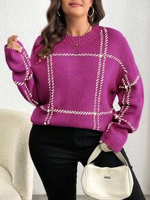 Elenzga Plus Size Casual Plaid Drop Shoulder Loose Knit Sweater, Autumn/Winter - Red Violet - View 6