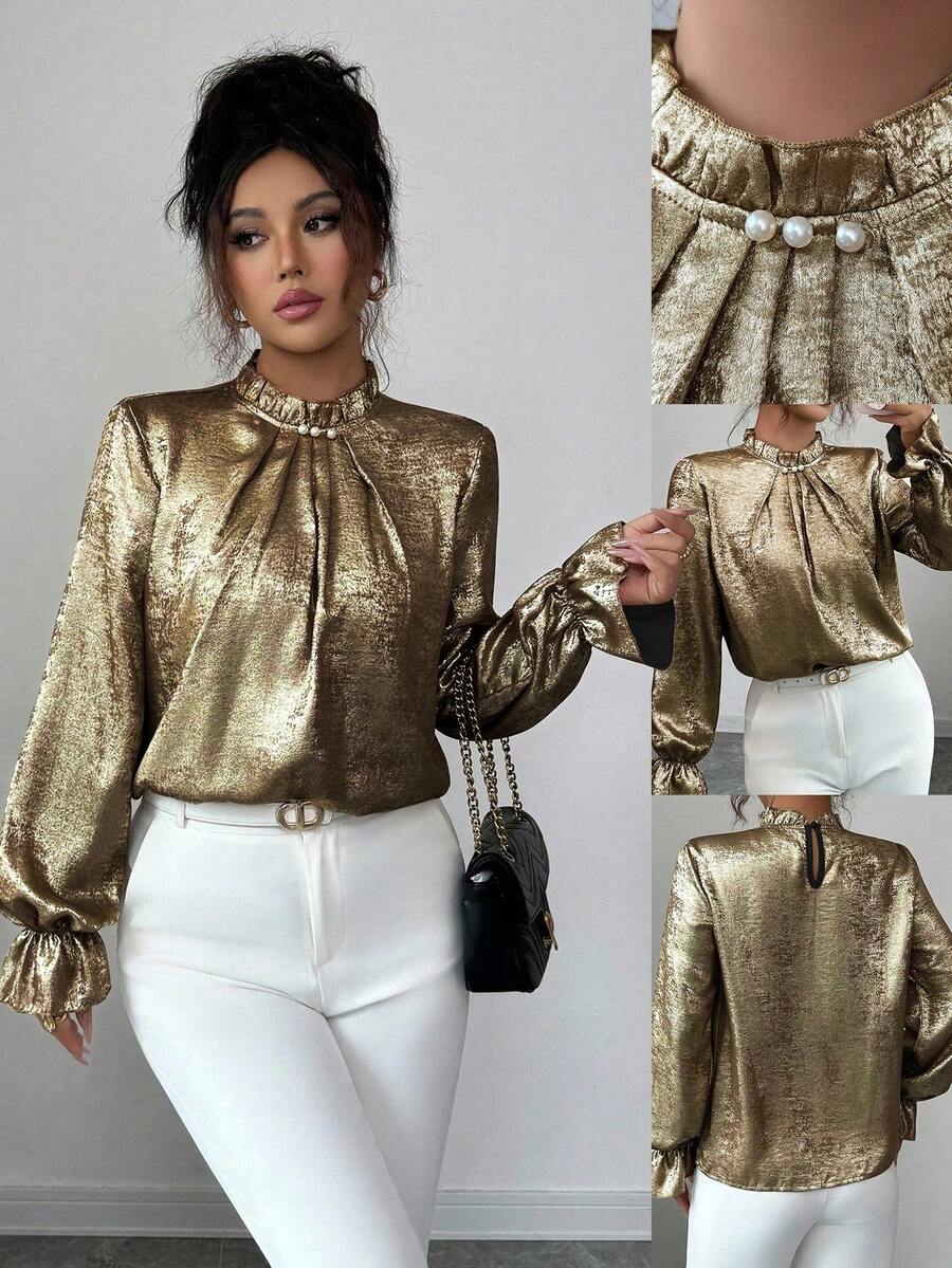 Elenzga Women's Elegant Commuter Gold Floral Lace Crew Neck Ruffle Pearl Button Decor Flare Sleeve Long Sleeve Slim Fit Blouse, Spring/Autumn - Gold - View 1