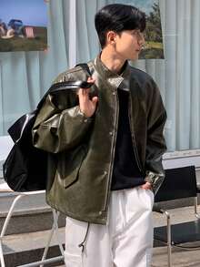 DAZY Men's PU Fabric Military Green Jacket And Coat, Autumn/Winter - Green - View 3