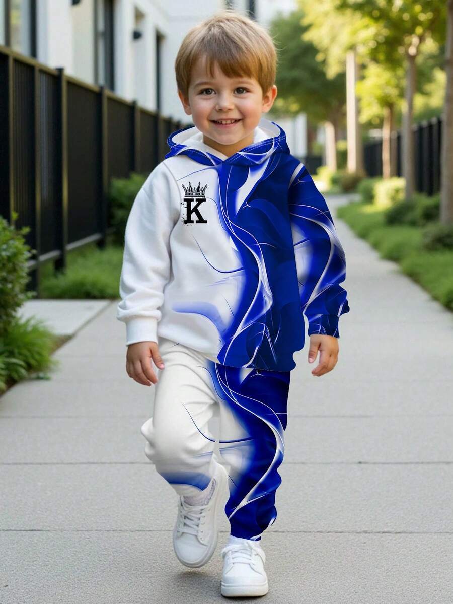 SHEIN 2 件套年轻男孩休闲时尚经典酷炫水滴渐变图案印花，国王皇冠图案宽松套头连帽运动衫，适合秋冬季