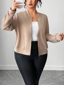 SHEIN Tall CURVE Plus Size Women Casual Stand Collar Zip-Up Jacket - Khaki - View 7