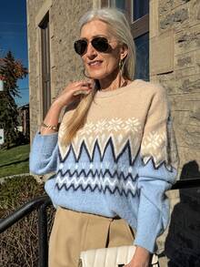 Vivie Lora Women's Colorblock Loose Fit Fair Isle Sweater - Blue - View 5