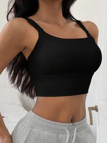 DAZY 女士轻盈塑形纯色简约运动文胸吊带背心内衣 - 黑色 - 查看 6