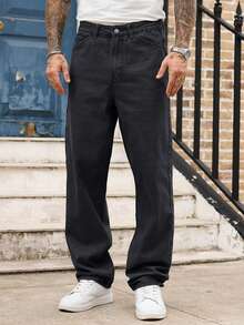 Manfinity Homme Men's Solid Color Pocket Straight Loose Casual Versatile Jeans - Grey - View 6