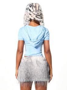 SUMWON WOMEN Áo khoác trùm đầu có khóa kéo Giáng sinh có mũ trùm đầu bằng lông thú giả Áo crop top tay ngắn in họa tiết Stay Icy - Màu xanh lam - Xem 2