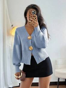 Franclia V领针织开衫，贝壳纽扣，优雅日常，秋冬 - 霧霾藍 - 查看 6