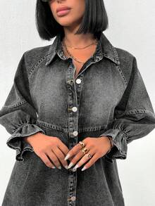 EURMUSE Casual Washed Front Button Denim Dress - Dark Grey - View 4