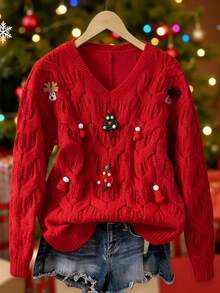 Franclia Women's Red Autumn Christmas Sweater,Loose Casual V-Neck Long Sleeve Pullover With Graphic 3D Twist Pattern,Tree Santa Hat & Elk Everyday Knit Tops - Red - View 1