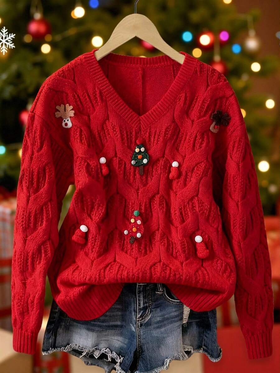 Franclia Women's Red Autumn Christmas Sweater,Loose Casual V-Neck Long Sleeve Pullover With Graphic 3D Twist Pattern,Tree Santa Hat & Elk Everyday Knit Tops - Red - View 1