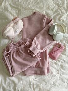 SHEIN CovetEZ 女士粉色针织露肩上衣和裤子休闲套装 - 粉色 - 查看 5