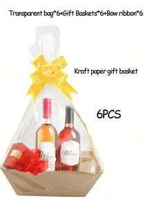 6/12 Piece Gift Basket Set, Multiple Colors Available,Christmas Hollow Gift Baskets, Including Bows, Plastic Bags, And Kraft Paper Market Tray Cardboard Baskets For DIY  Holiday Gift Wrapping, Shelf-Style Gift Baskets, Suitable For Halloween - Multicolor - View 7