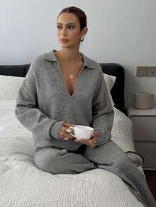 Livesso 女士秋季V领宽松上衣和休闲裤针织两件套 - 淺灰色 - 查看 6