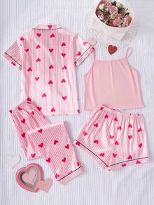 4pcs Girls Pajama Set - Cute Heart & Striped Print Short Sleeve Cardigan, Camisole, Shorts & Long Pants, Casual Sleepwear - Multicolor - View 2