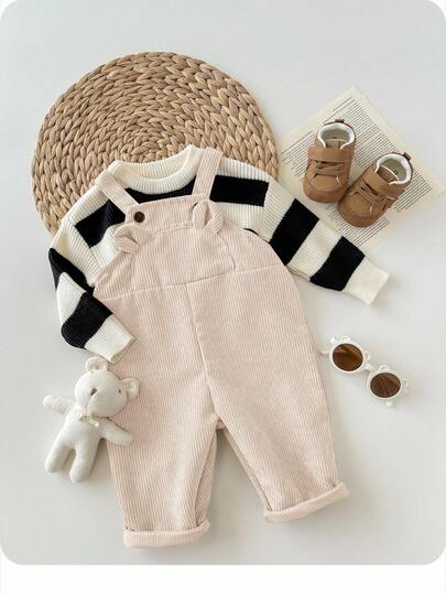 新生男婴/女婴休闲灯芯绒罗纹连体裤，带有可爱的动物耳朵设计，百搭百搭风格