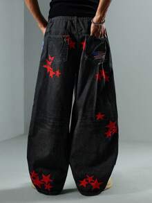 ROMWE MEN Street Life Men's Flag Print Curved Blade Jeans - Blue - View 9