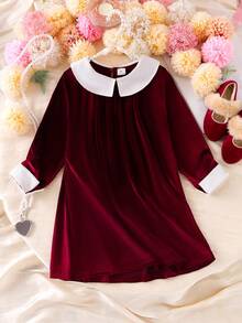 Young Girls Sweet & Cute Autumn/Winlvet Peter Pan Collar Long Sleeve Casual Princess Dress, Suitable For Christmas & Party - Red - View 8