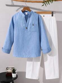 SHEIN 青少年男孩休闲 V 领长袖衬衫和长裤套装，适合上学、运动、旅行和度假 - 藍色 - 查看 7