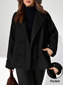 Auralis Plus Size Women's Solid Color Lapel NeckLong Sleeve Double-Breasted Casual Jacket, Autumn/Winter Office Old Money - Black - View 2