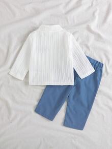 SHEIN Vintaside Kids Bộ 2 món bé trai áo sơ mi cổ bẻ có cúc và túi, quần short lưng thun, sọc xanh trắng, phong cách retro thoải mái, casual cho mùa thu, sinh nhật - Màu xanh lam - Xem 2