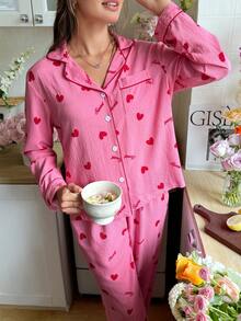 粉色甜心印花女士开襟领长袖上衣和裤子睡衣套装，粉色睡衣套装，心形睡衣套装，秋冬服装 - 粉色 - 查看 1