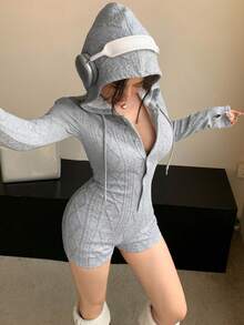 DAZY 女士宽松休闲紧身健身运动服，时尚街头纹理格子连帽紧身衣，秋冬 - 灰色 - 查看 5