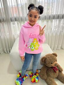 SHEIN X Care Bears Tween Girl Casual Pink Bear Print Long Sleeve Hooded Fleece Sweatshirt, Comfortable & Soft, Suitable For Autumn/Winter Cute Hoodies For Girls Cute Sweatshirts For Girls Kawaii Clothes Kids Kid Cute Tops - Pink - View 4