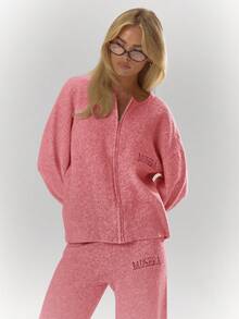 MUSERA Oversized Rib Knit Embroidered Zip Through Long Sleeve Cardigan Only Fall Autumn Cosy Cute Casual Coffee Club New Year Spring - Pink - View 5