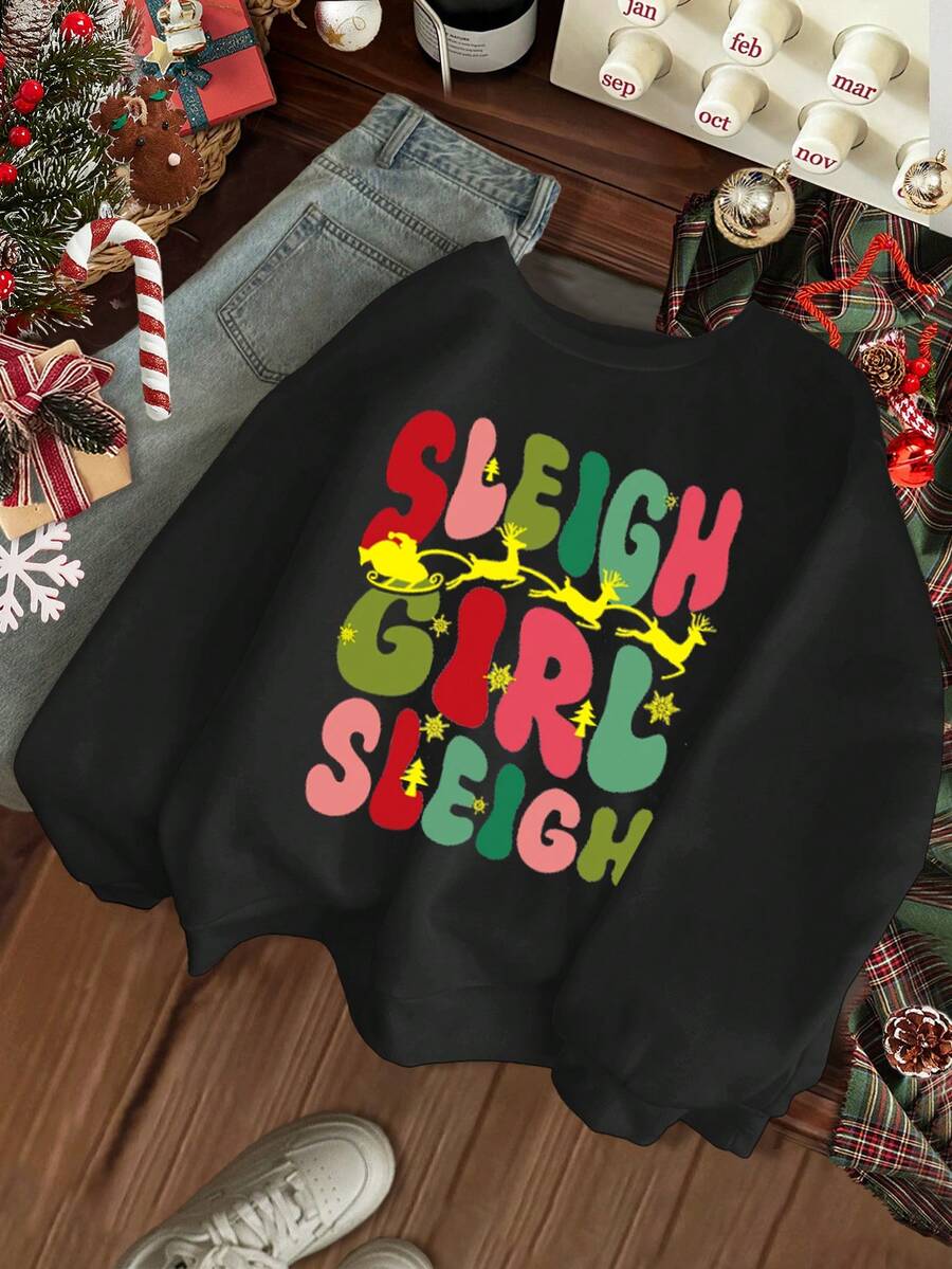 SHEIN Leap Crew Christmas Sleigh Girl & Reindeer Print Crew Neck Thick Sweatshirt For Tween Girls, Suitable For Autumn/Winter - Black - View 1