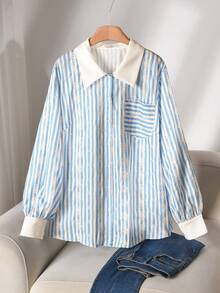 CosyJoli Camisa de talla grande casual con contraste de color, abertura frontal y bordado a rayas - Azul y blanco - Ver 4
