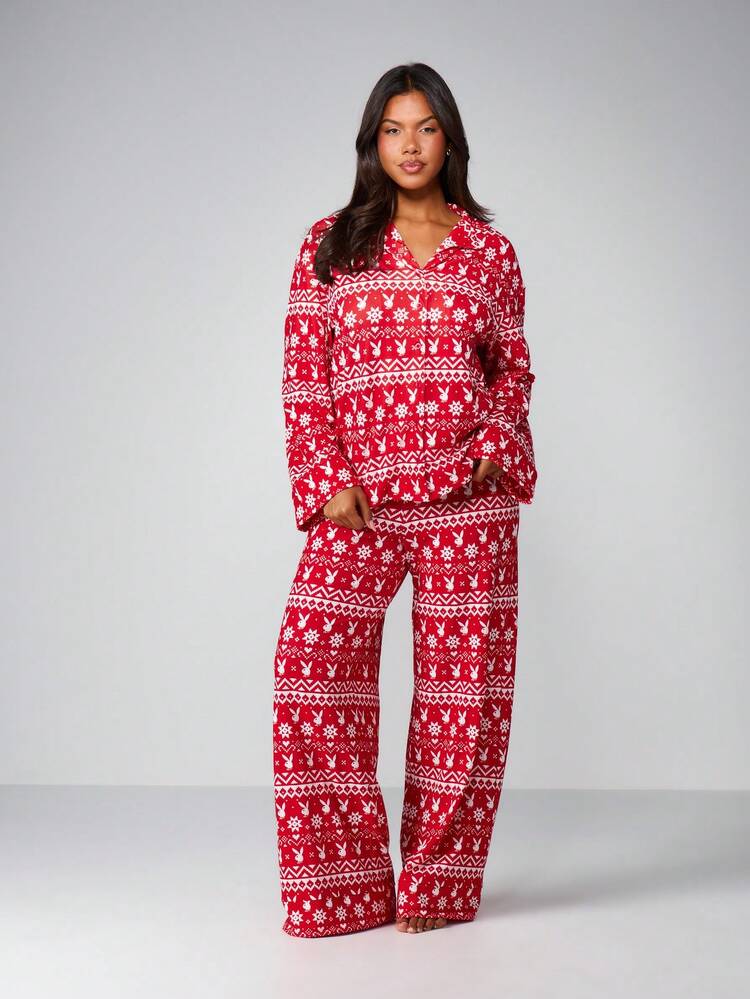 Missguided x Playboy Christmas Fairisle Printed Pajama Set With Long Sleeves